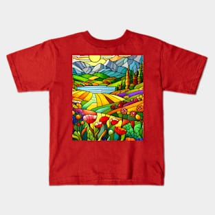 Stained Glass Colorful Mountain Flowers Kids T-Shirt